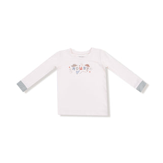 Angel Dear Long Sleeve Loungewear Set - Cowboy Dogs
White long-sleeve shirt with colorful text and patterns on a white background