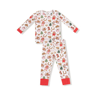 Angel Dear Long Sleeve Loungewear Set - Cowgirl Christmas
Children's onesie with Christmas-themed pattern on a white background