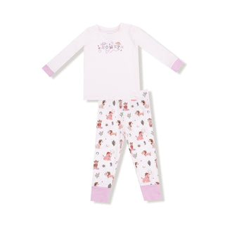 Angel Dear Long Sleeve Loungewear Set - Cowgirl Dogs
Children's pajama set with long-sleeve top and pants on a white background