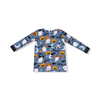 Angel Dear Long Sleeve Loungewear Set - Glow in the Dark Costumed Ghosts
Children's long-sleeve shirt with Halloween-themed pattern on a white background