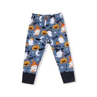 Angel Dear Long Sleeve Loungewear Set - Glow in the Dark Costumed Ghosts
Halloween-themed children's leggings with ghosts, pumpkins, and text on a blue background.