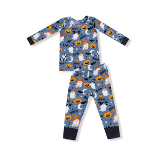 Angel Dear Long Sleeve Loungewear Set - Glow in the Dark Costumed Ghosts
Halloween-themed children's onesie with pumpkins, ghosts, and cats on a blue background.