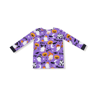Angel Dear Long Sleeve Loungewear Set - Glow in the Dark Costumed Ghosts Purple
Purple Halloween-themed long-sleeve shirt on a white background