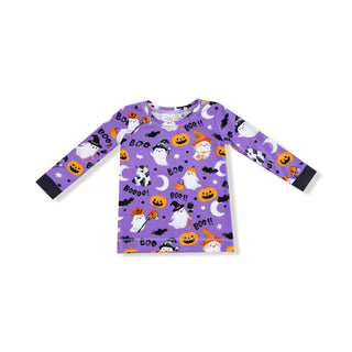 Angel Dear Long Sleeve Loungewear Set - Glow in the Dark Costumed Ghosts Purple
Purple long-sleeve shirt with Halloween-themed pattern on a white background