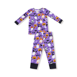 Angel Dear Long Sleeve Loungewear Set - Glow in the Dark Costumed Ghosts Purple
Halloween-themed children's pajama set on a white background