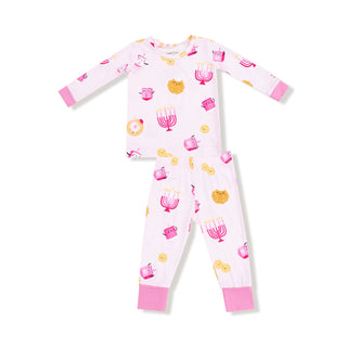 Angel Dear Long Sleeve Loungewear Set - Hanukkah Pink
Children's onesie with festive pattern on a white background