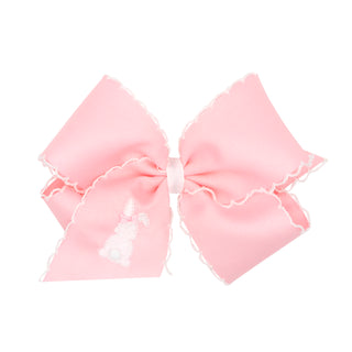 King Wee Ones Pink with White Bunny Moonstitch Hair Bow on Clippie 
Large pink bow with white trim on a white background