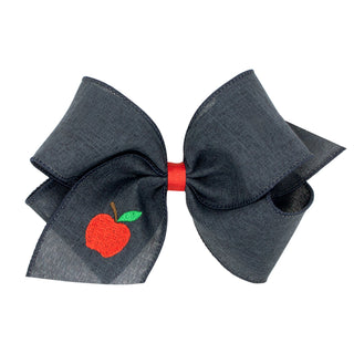 Wee Ones Apple Embroidered Navy Linen Hair Bow on Clippie