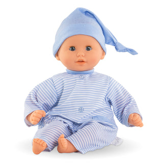 Corolle 12" Doll -  Bébé Calin - Charming Blue
Baby doll wearing a blue striped outfit and hat on a white background