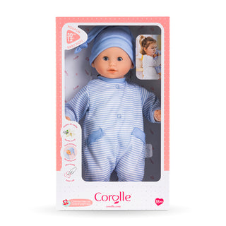 Corolle Bébé Calin 12-inch doll with charming blue outfit and soft features, designed for children and collectible play.