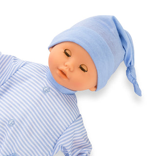 Corolle Bébé Calin 12-inch blue doll with soft features and realistic details, perfect for children and doll collectors.