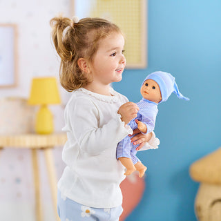 Corolle Bébé Calin 12-inch blue doll with soft features and realistic details, perfect for children and doll collectors.