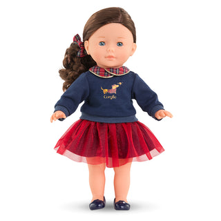 Corolle 14" Doll - Perle Holidays
Doll wearing a navy sweater with a dog design and a red skirt on a white background