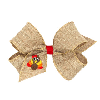 Medium Wee Ones Turkey Embroidered Linen Hair Bow on Clippie