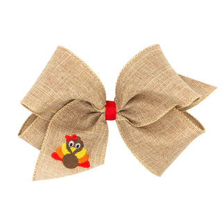King Wee Ones Turkey Embroidered Linen Hair Bow on Clippie