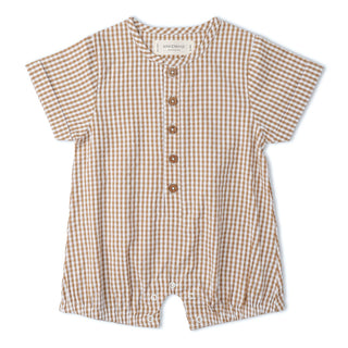 Makemake Organics organic short bubble romper in caramel check pattern, featuring a comfortable, lightweight design for babies.