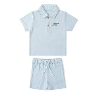 Makemake Organics organic light blue polo shirt and shorts set for kids, 2-piece outfit with casual, comfortable style.