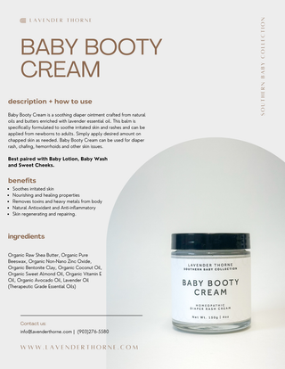 Lavender Thorne Baby Booty Cream moisturizer in a small jar, featuring lavender and soothing ingredients for gentle skin care.