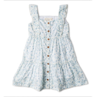 Makemake Organics organic flutter buttoned tiered dress in ivy floral print, featuring a flowy silhouette and tiered design.