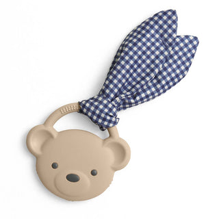 Itzy Ritzy Crinkle Crew taupe bear teether for babies, soft fabric with crinkle sounds, designed for soothing and teething relief