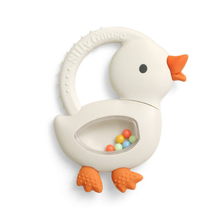 Itzy Ritzy Bitzy Shake silicone teether with rattle in goose color, featuring soft silicone and textured surface for baby teething comfort