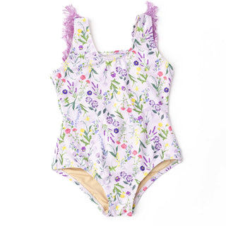 Shade Critters Fringe Back One Piece Swimsuit - Wildflower Fields
Floral-patterned swimsuit with ruffled straps on a white background