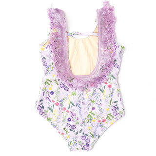 Shade Critters Fringe Back One Piece Swimsuit - Wildflower Fields
Floral swimsuit with purple fringe details on a white background