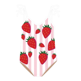 Shade Critters girls' sequin swimsuit in summer strawberry design, featuring bright pink and red sequins for vibrant summer swimwear.
