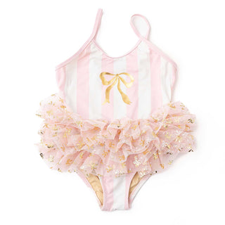 Shade Critters Girls Skirted One Piece Swimsuit - Blush Bow Stripe
Pink and gold tutu swimsuit on a white background