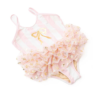 Shade Critters girls' blush bow stripe skirted one-piece swimsuit with a cute ruffled skirt and colorful stripe pattern.