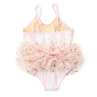 Shade Critters girls' blush bow stripe skirted one-piece swimsuit, featuring a colorful striped design and ruffled skirt detail.