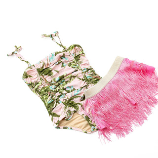 Shade Critters One Piece & Fringe Skirt - Blush Tropics
Floral swimsuit with pink fringes on a white background