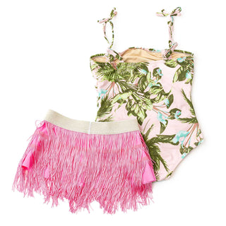 Shade Critters One Piece & Fringe Skirt - Blush Tropics
Two-piece outfit with tropical leaf pattern top and pink fringed skirt on a white background