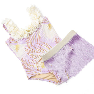 Shade Critters girls metallic purple hula girl one-piece swim set with fringe skirt, perfect for summer beachwear.