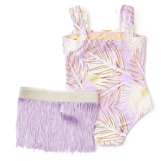 Shade Critters girls metallic purple hula girl one-piece swim set with fringe skirt, perfect for fun beach days.