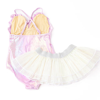 Shade Critters Girls One Piece & Tutu Swim Set - Metallic Lilac
Pastel-colored swimsuit with a skirt on a white background