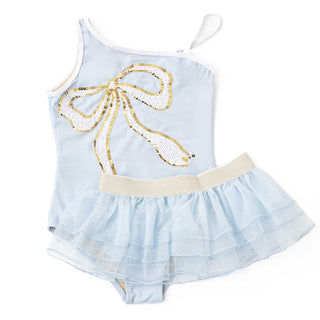 Shade Critters Girls Flip Sequin One Piece & Tutu Swim Set - Blue Bow
Light blue baby dress with a gold bow on a white background