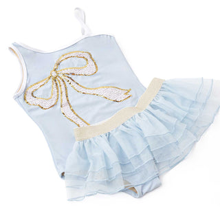 Shade Critters girls' blue sequin flip sequin one-piece swimsuit with matching tutu and bow, designed for stylish swimming fun.