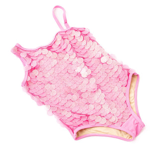 Shade Critters girls' one-shoulder pink paillette swimsuit with sparkly embellishments, designed for stylish swimwear.