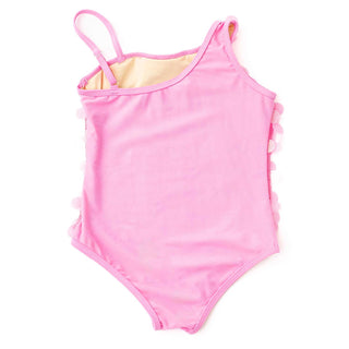 Shade Critters girls' pink one-shoulder swimsuit with shiny paillette details, perfect for summer swimming and pool days.