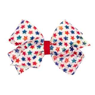 Wee Ones Red & Blue Star Print Sequin Hair Bow on Clippie Medium