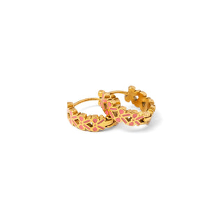 Pip Pop Post Earrings - Bow Repeat Hoop
A pair of gold hoop earrings with a geometric openwork design filled with pink and orange floral enameled details, shown on a clean white background.