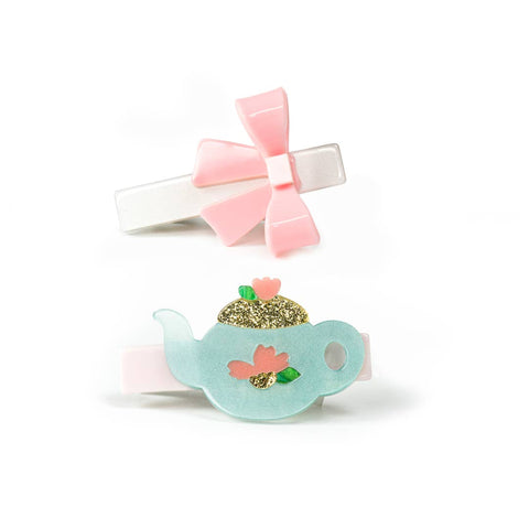 Lilies & Roses Tea Pot and Pink Bow Hair Clips