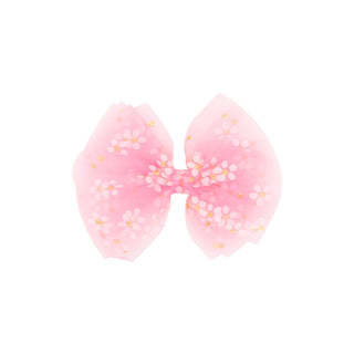 Hot Pink Wee Ones Medium Tulle Flower on Clippie
Pink bow with floral pattern on a white background