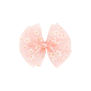 Light Pink Wee Ones Medium Tulle Flower on Clippie
Large pink bow with gold polka dots on a white background