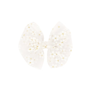 White Wee Ones Medium Tulle Flower on Clippie
White bow-shaped hair accessories with gold dots on a white background