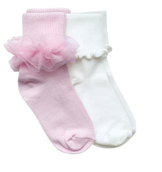 Jefferies Ruffle Lace and Ripple Edge Turn Cuff 2 Pack Sock Set Pink White