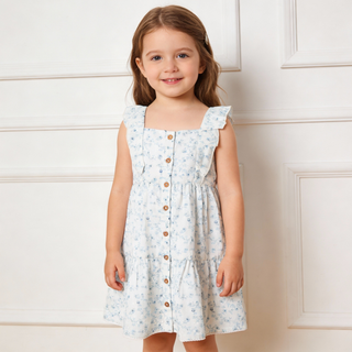 Makemake Organics organic flutter buttoned tiered dress in ivy floral pattern, lightweight and breathable for warm weather.