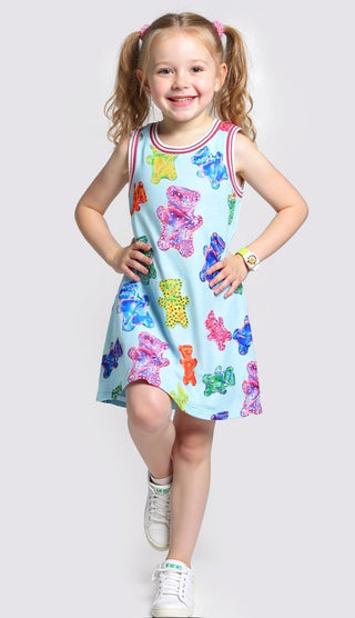 Baby Sara Gummy Bear print A-line dress for babies, featuring colorful gummy bear pattern and soft fabric.