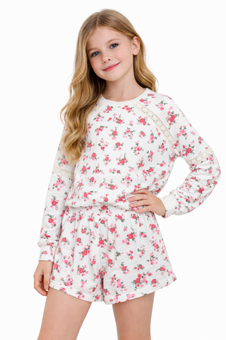 Flowers By Zoe, FBZ Pink & Red Floral with Lace Off White Shorts, Shorts - Basically Bows & Bowties